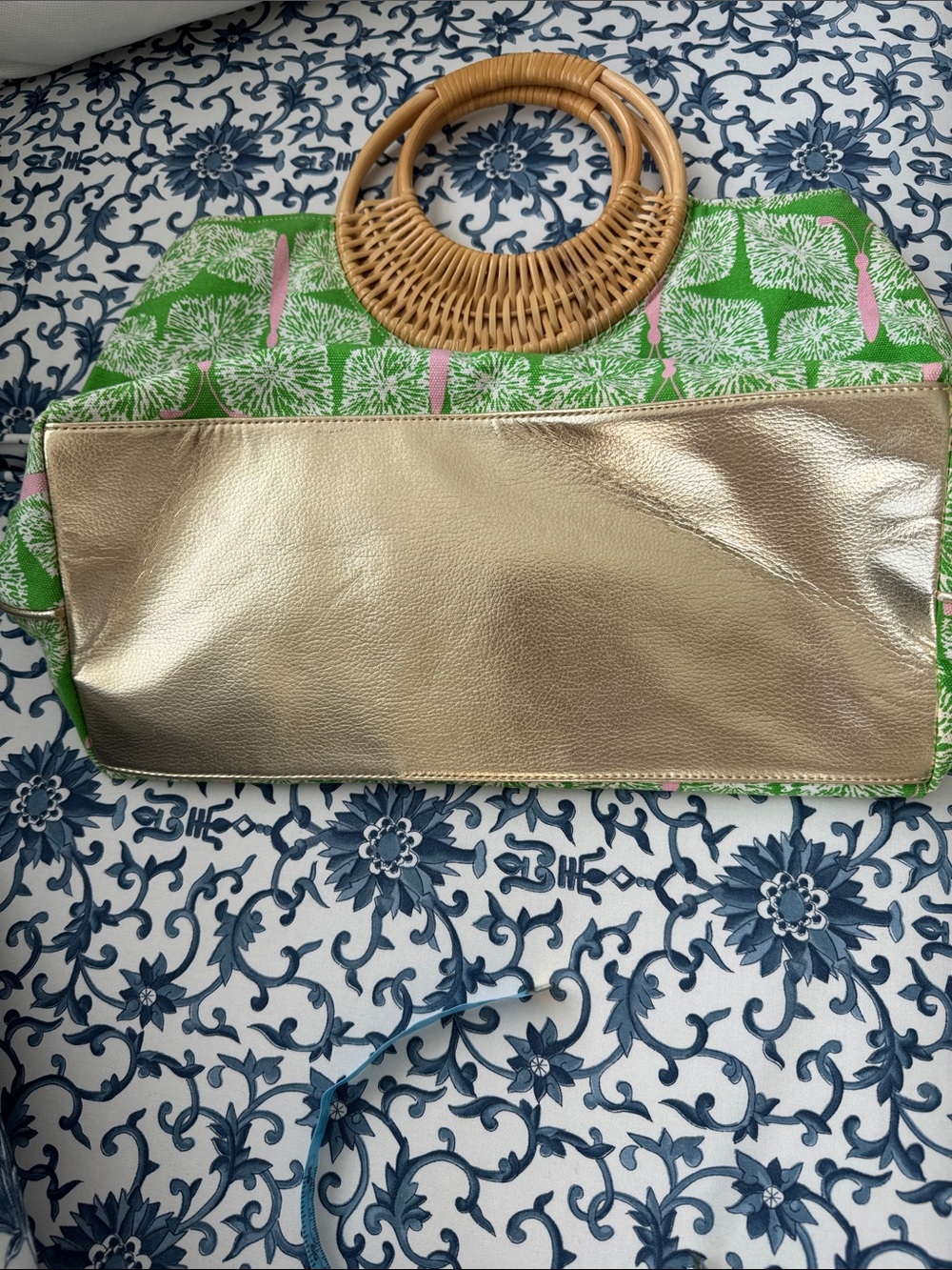 Lilly Pulitzer Green & Pink Patterned Tote with Woven Round Handles - Picture 5 of 5